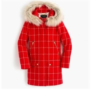 RARE J.Crew Nello Gori Stadium Cloth Windopane Plaid Red Coat with Faux Fur Hood